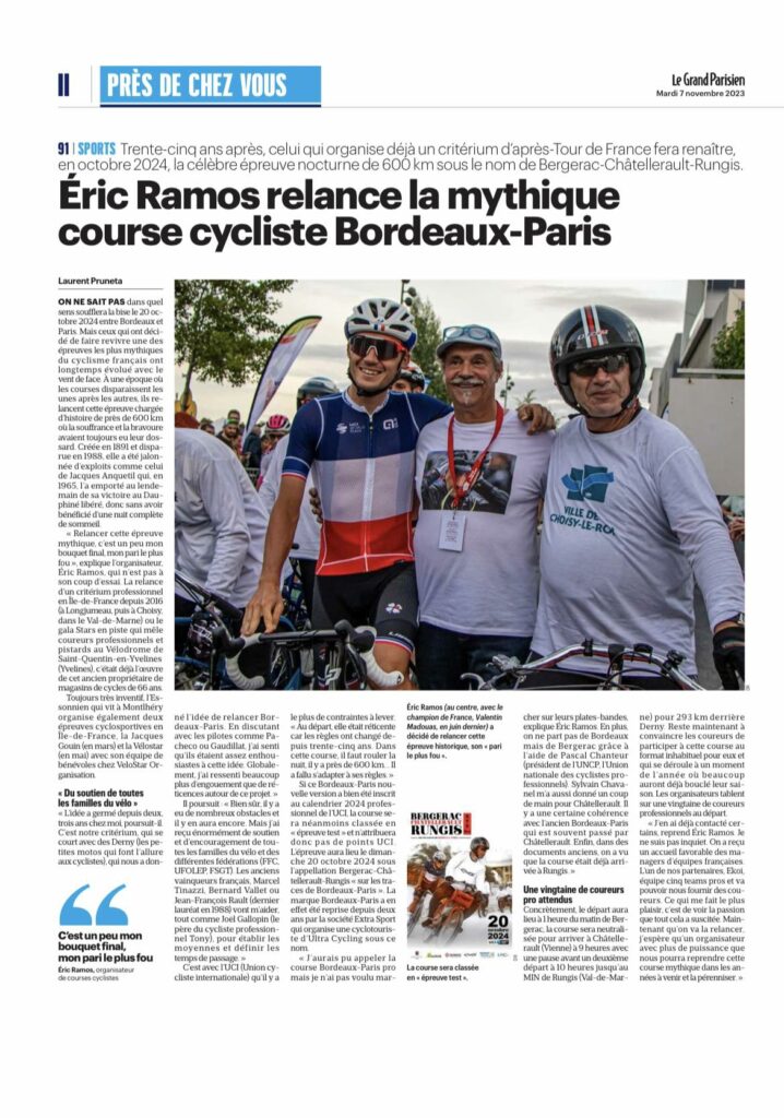 Éric Ramos relance la mythique
course cycliste Bordeaux-Paris - 07/11/2023